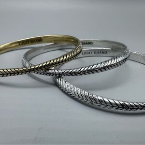 Lucky Brand Trio Of Bangle Bracelets Feather Leaf Textures Goldtone Silvertone